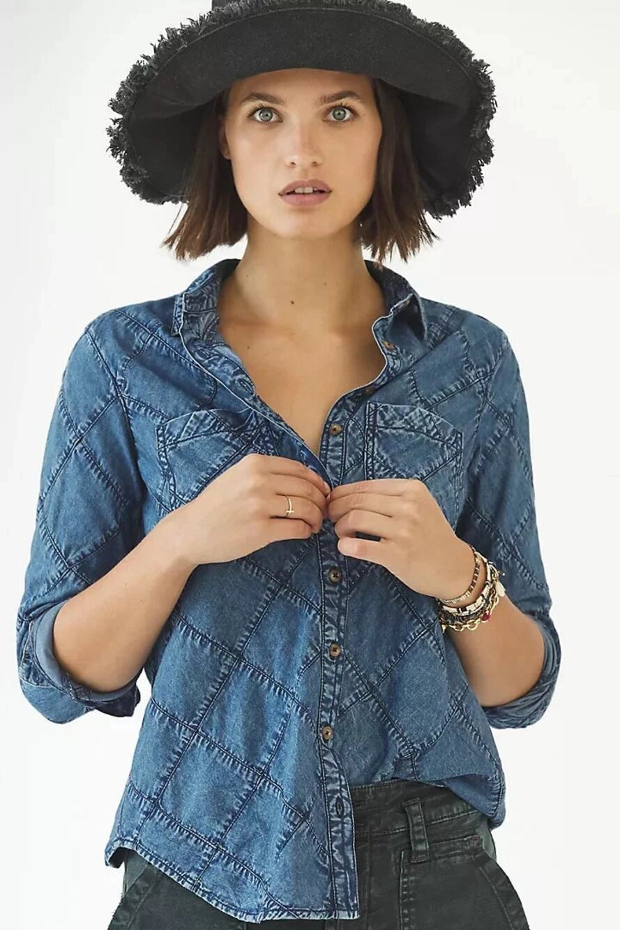 XS Shirt Top Pilcro by Anthropologie Quilted Patchwork Denim Button down jean